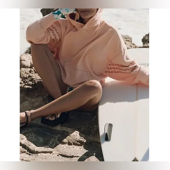 NWT Free People FP Movement At My Best Embroidered Hoodie Pastel peach combo - L - Picture 4 of 8